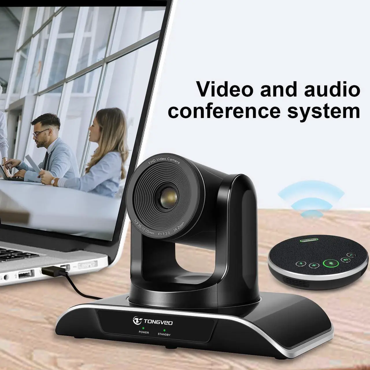 Alt view image 6 of 7 - TONGVEO All-in-One Conference Room Camera System, Video Conferencing System Bundle HD 1080P 3X Optical Zoom PTZ Camera and Bluetooth Conference Speakerphone with Microphones