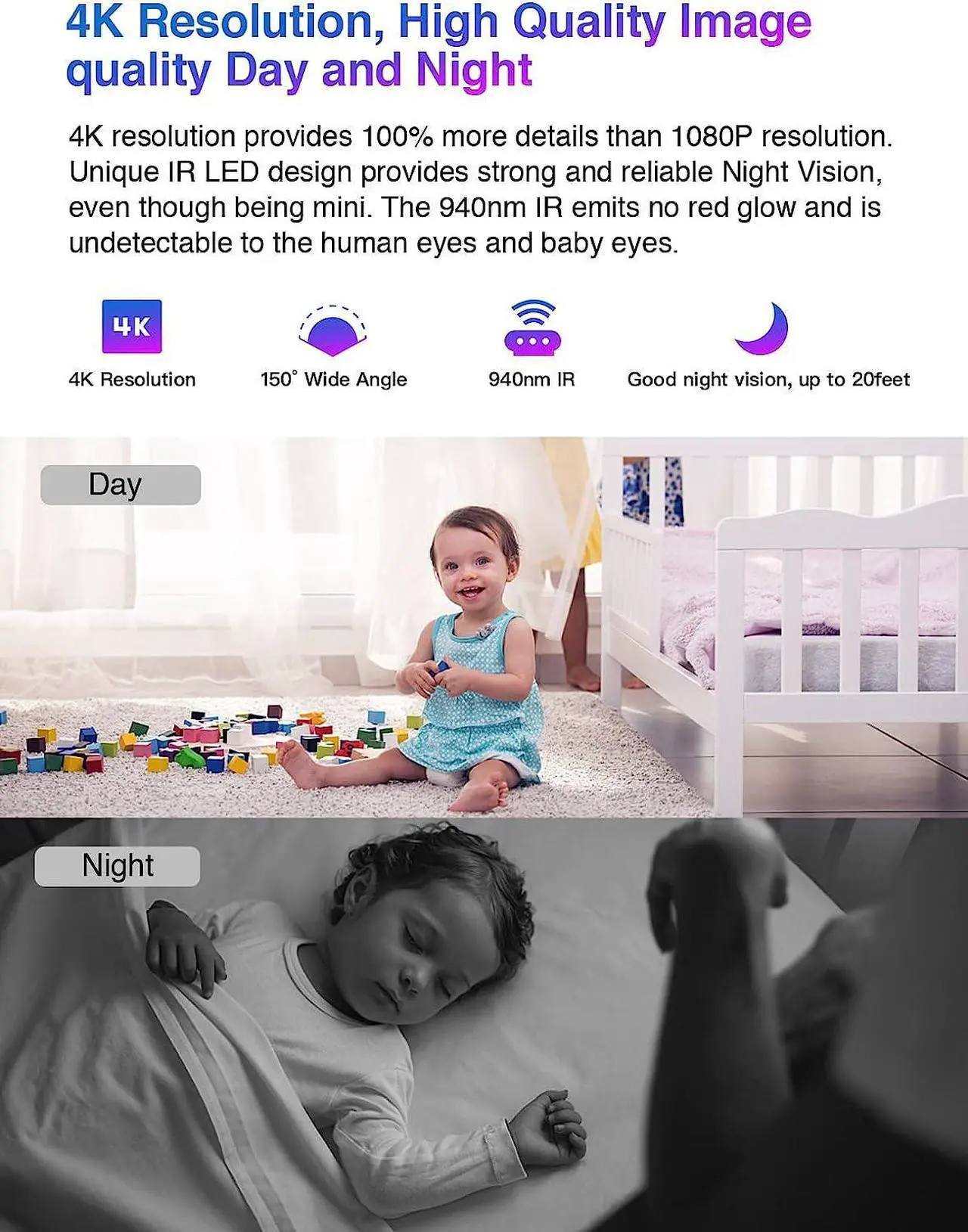 Alt view image 3 of 7 - WiFi Hidden Camera 4K Ultra HD, Small Wireless Small Nanny Cam for Home Security, Cam Indoor, Motion Detection, Night Vision, Battery, Phone App, NO Audio, 5
