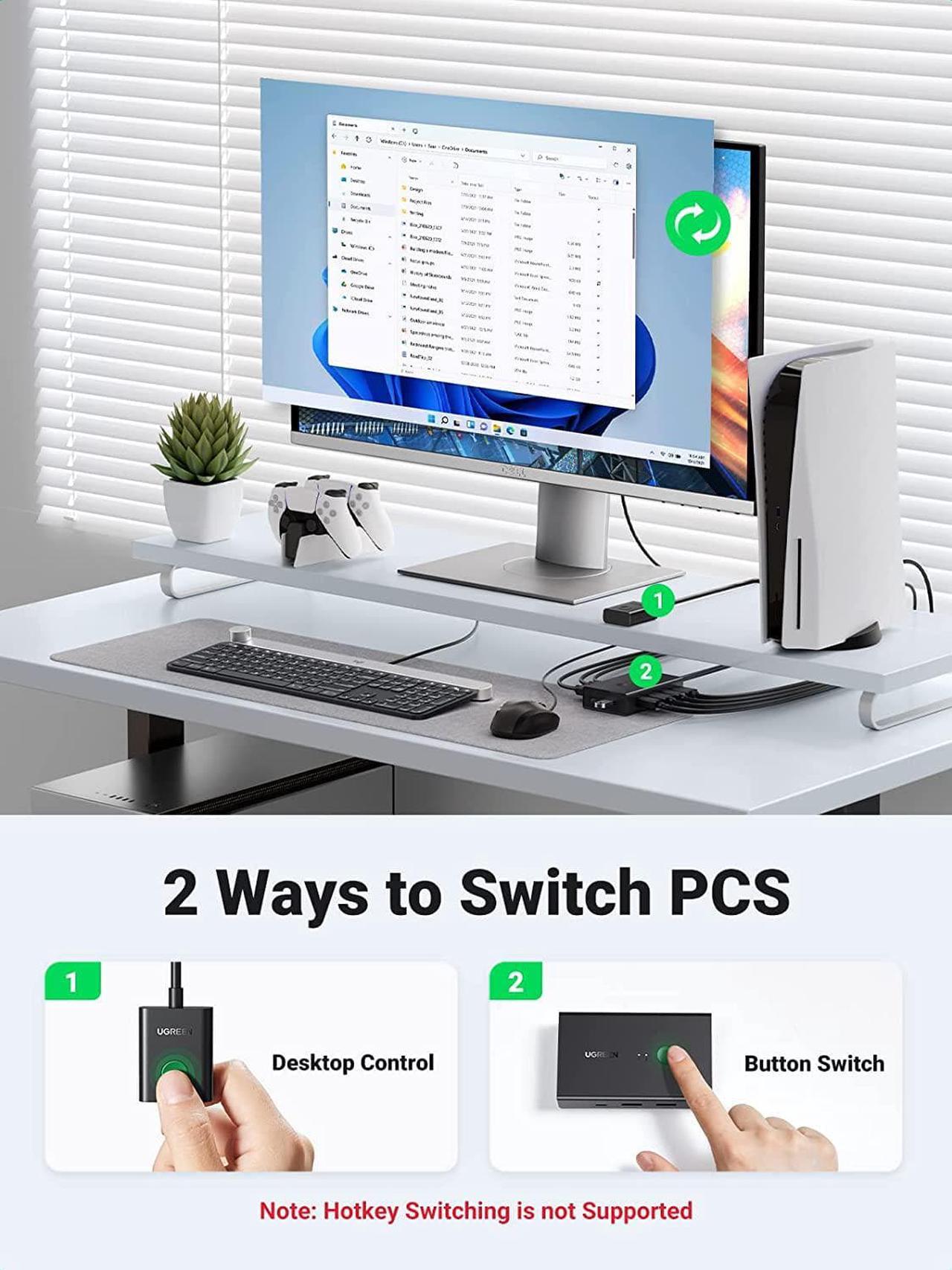 Alt view image 3 of 7 - UGREEN KVM Switch, HDMI USB KVM Switcher with Desktop Control for 2 Computers Share Keyboard Mouse Printer and One HD 4K Monitor, Support 4K@60Hz 3D HDR, with 2 USB 2.0 Cables and 2 HDMI 2.0 Cables