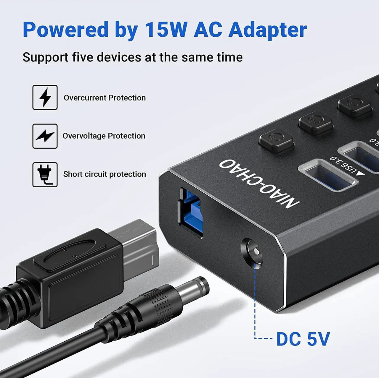 Alt view image 2 of 6 - Powered USB Hub [Durable Aluminum] USB Hub 3.0 Powered, Individual Switch Buttons Smart Charging USB Port Expander Fit for External Hard Drive Electronics Gaming Laptop Desktop PC