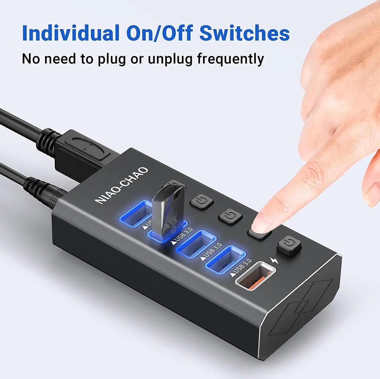Alt view image 5 of 6 - Powered USB Hub [Durable Aluminum] USB Hub 3.0 Powered, Individual Switch Buttons Smart Charging USB Port Expander Fit for External Hard Drive Electronics Gaming Laptop Desktop PC
