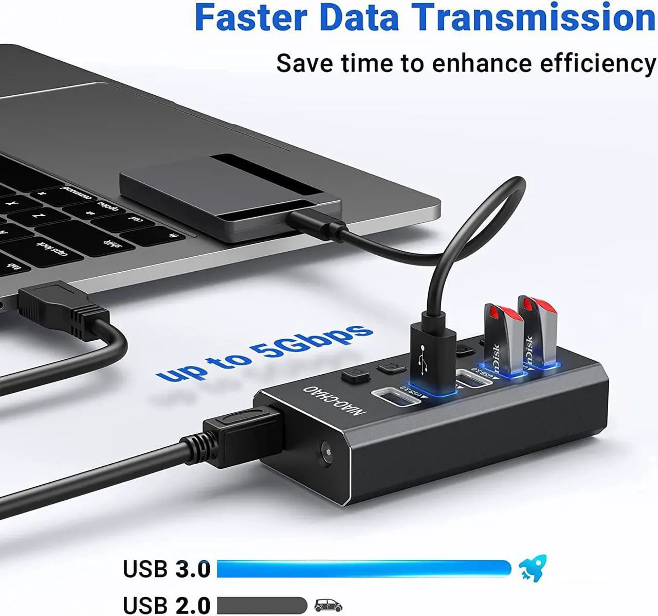 Alt view image 4 of 6 - Powered USB Hub [Durable Aluminum] USB Hub 3.0 Powered, Individual Switch Buttons Smart Charging USB Port Expander Fit for External Hard Drive Electronics Gaming Laptop Desktop PC