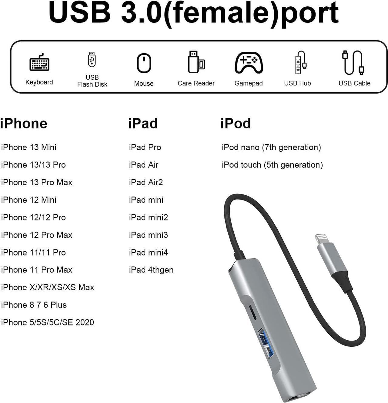 Alt view image 3 of 7 - [Apple MFi Certified] Lightning to USB Hub, 2-in-1 USB OTG Hub with 2 USB 3.0 Port and Fast Charging Port for iPhone/iPad Compatible with USB Microphones/USB Flash Drive/Keyboard/Mouse/USB Sound Card