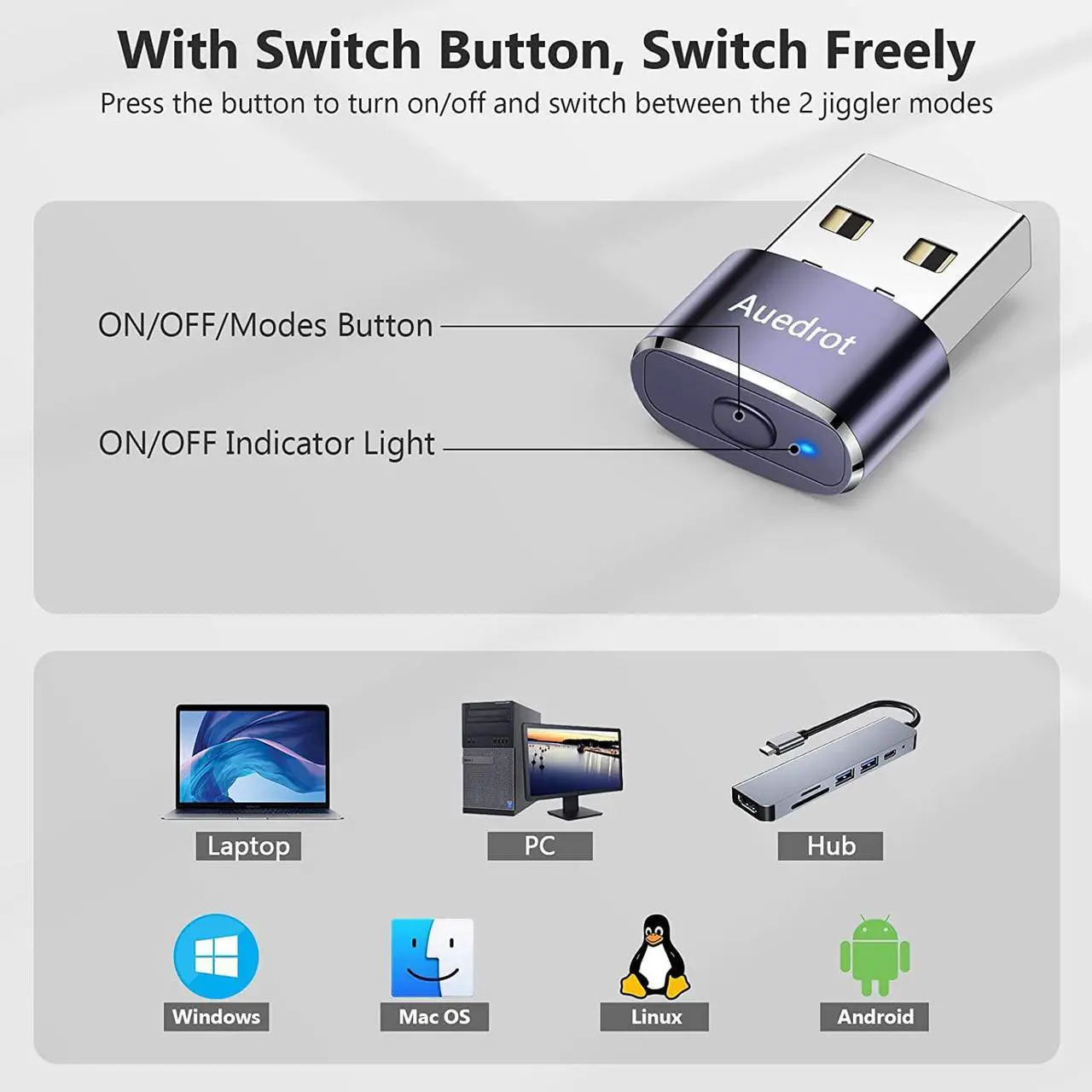 Alt view image 5 of 7 - AUEDROT Mouse Jiggler Undetectable Metal USB Mouse Mover with Switch Button, Automatic Mouse Shaker with 2 Jiggle Modes, Mouse Simulator, Driver-Free, Plug & Play, Keep Computer/Laptop Awake, Purple