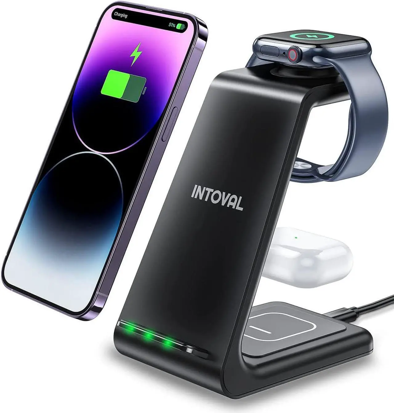 Main image of Intoval Wireless Charging Station, 3 in 1 Charger for Apple iPhone/iWatch/Airpods,iPhone15,14,13,12,11 (Pro,Pro Max)/XS/XR/XS,iWatch9/8/Ultra2/1/7/6/SE/5/4/3/2,Airpods Pro2/Pro1/3 (A3,Black)