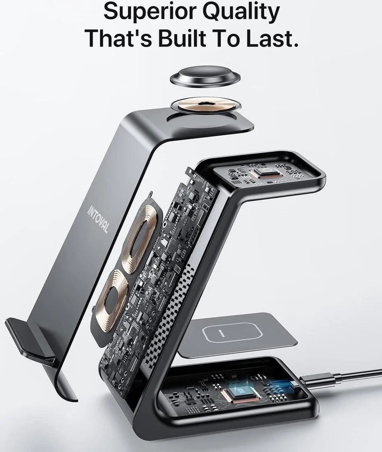 Alt view image 4 of 7 - Intoval Wireless Charging Station, 3 in 1 Charger for Apple iPhone/iWatch/Airpods,iPhone15,14,13,12,11 (Pro,Pro Max)/XS/XR/XS,iWatch9/8/Ultra2/1/7/6/SE/5/4/3/2,Airpods Pro2/Pro1/3 (A3,Black)