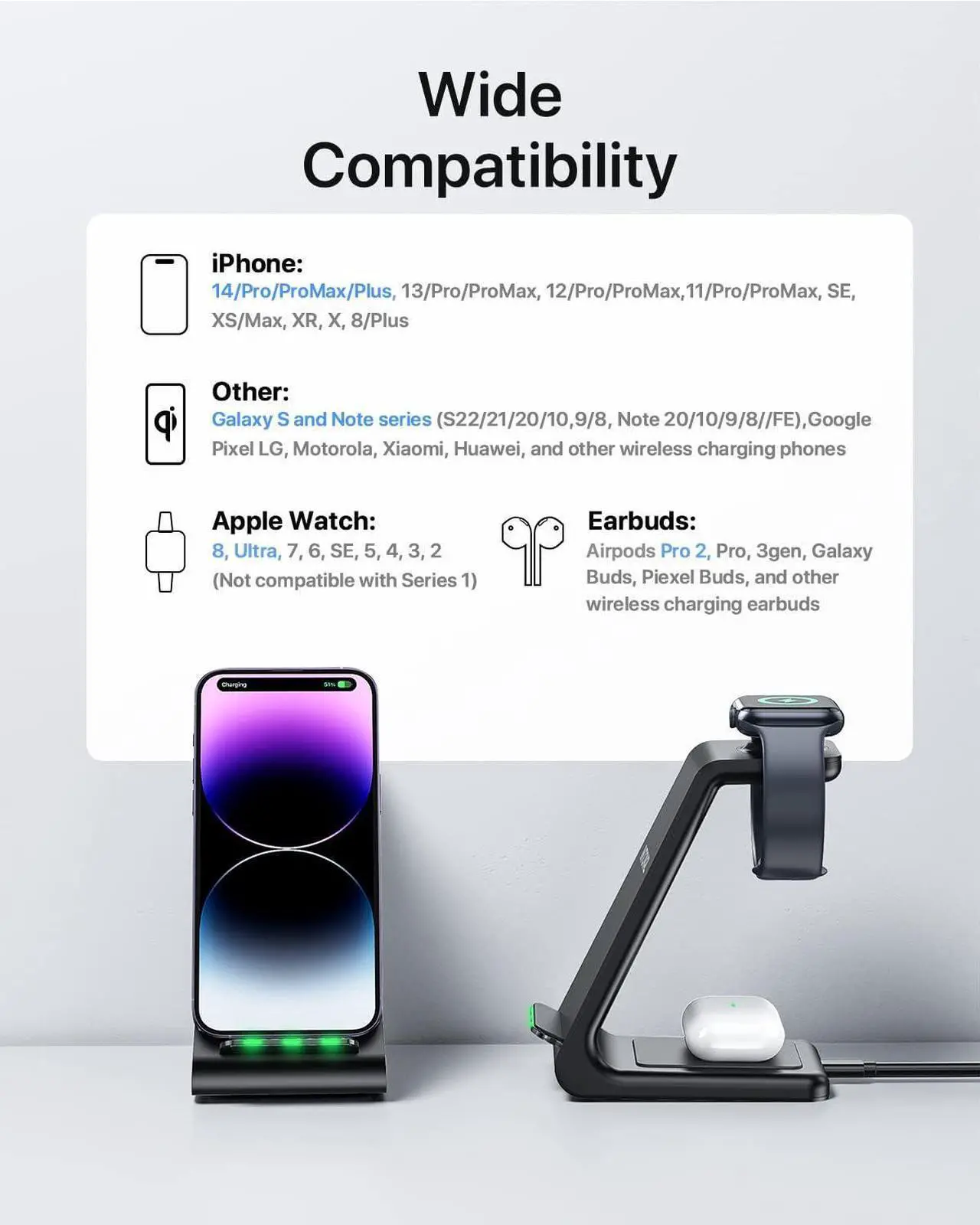 Alt view image 6 of 7 - Intoval Wireless Charging Station, 3 in 1 Charger for Apple iPhone/iWatch/Airpods,iPhone15,14,13,12,11 (Pro,Pro Max)/XS/XR/XS,iWatch9/8/Ultra2/1/7/6/SE/5/4/3/2,Airpods Pro2/Pro1/3 (A3,Black)