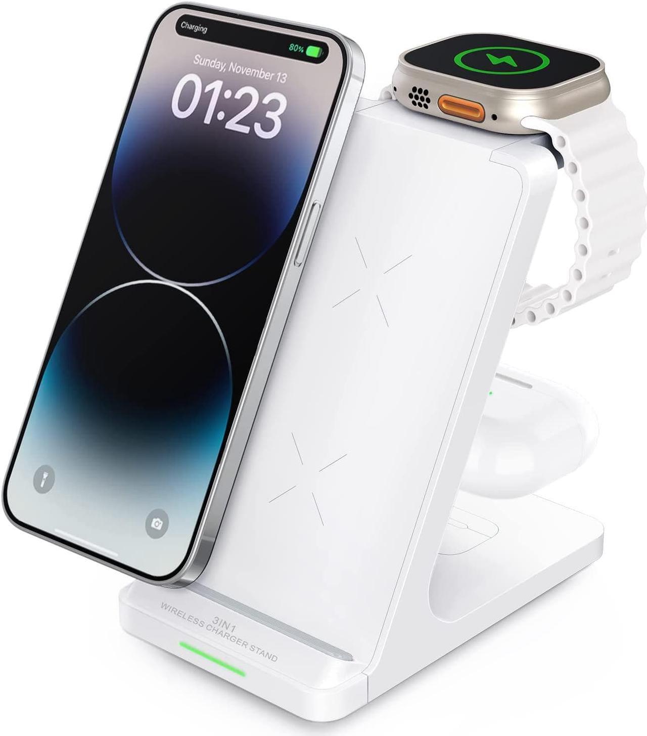 Main image of Wireless Charging Station, 3 in 1 Fast Wireless Charger Stand for Multiple Devices Apple Watch Ultra Series 9 8 7 6 SE 5 4 3 2, iPhone 15 14 13 12 11 Pro Max/Plus/Mini/X/XS/Max/XR/SE, Airpods Pro 2 3