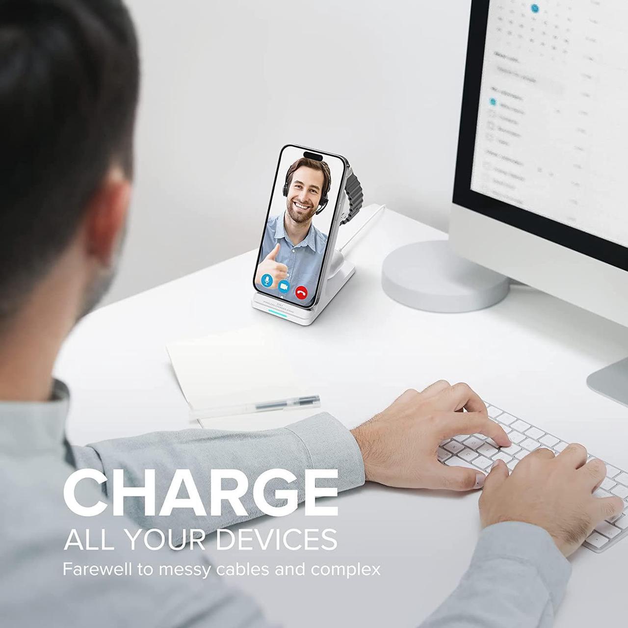 Alt view image 2 of 6 - Wireless Charging Station, 3 in 1 Fast Wireless Charger Stand for Multiple Devices Apple Watch Ultra Series 9 8 7 6 SE 5 4 3 2, iPhone 15 14 13 12 11 Pro Max/Plus/Mini/X/XS/Max/XR/SE, Airpods Pro 2 3