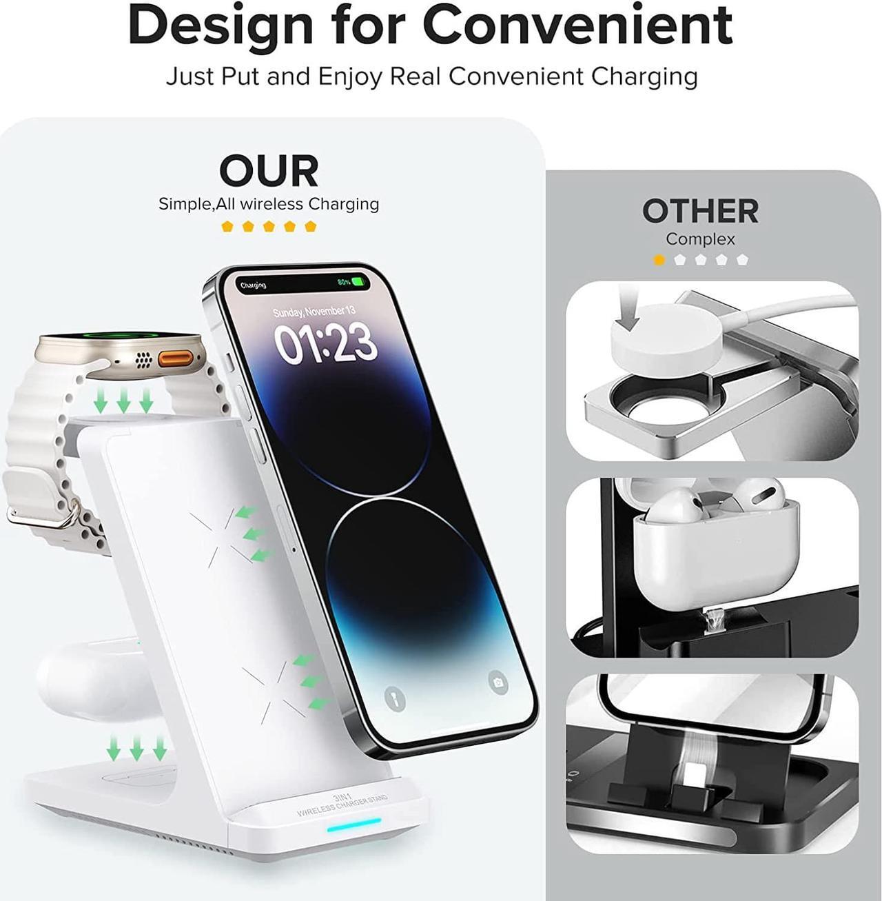 Alt view image 4 of 6 - Wireless Charging Station, 3 in 1 Fast Wireless Charger Stand for Multiple Devices Apple Watch Ultra Series 9 8 7 6 SE 5 4 3 2, iPhone 15 14 13 12 11 Pro Max/Plus/Mini/X/XS/Max/XR/SE, Airpods Pro 2 3