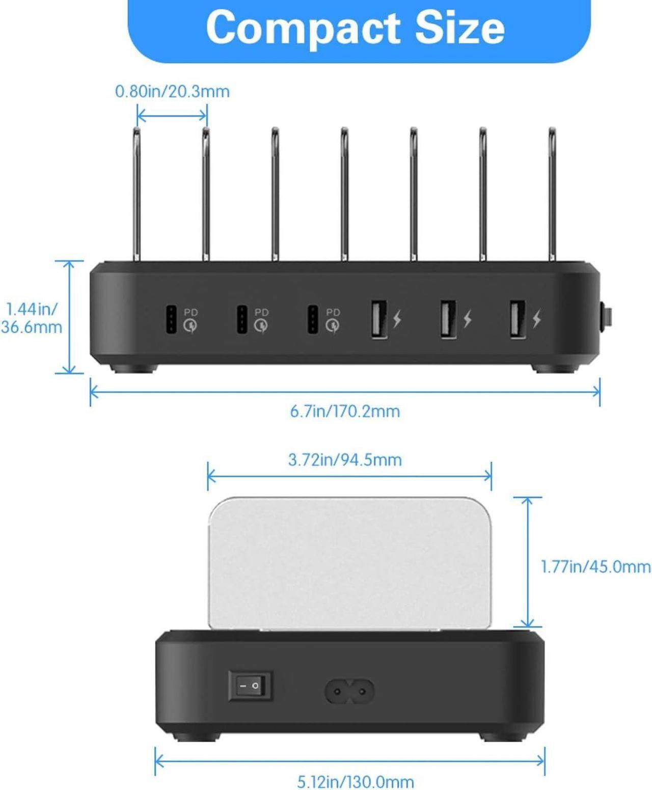 Alt view image 7 of 7 - PD USB-C Charging Station, COSOOS 81W 6-Port USB Charging Station for Multiple Devices with 3 PD 20W USB-C Charger & 6 Mixed Short Cables, Fast Multi USB Charger Station