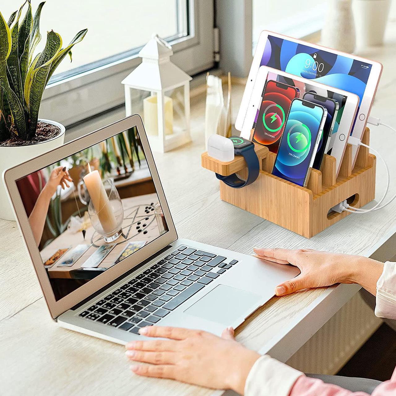Alt view image 2 of 7 - Bamboo Charging Station for Multiple Devices with 5 Port USB Charger, 5 Cables, Smart Watch & Earbuds Stand, Desk Docking Stations Electronic Organizer for Cell Phone, Tablet