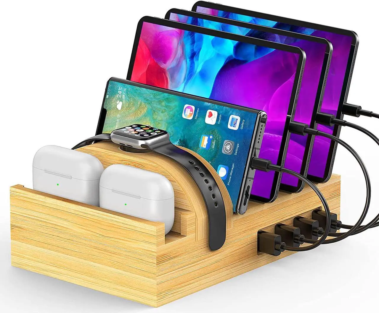 Main image of Bamboo Charging Station for Multiple Devices, Alltripal Wood Desktop Docking Station 7-Port Multi-Charger Organizer Fast USB Charger Compatible with iPhone, iPad, AirPods, iWatch, Cell Phone, Tablet