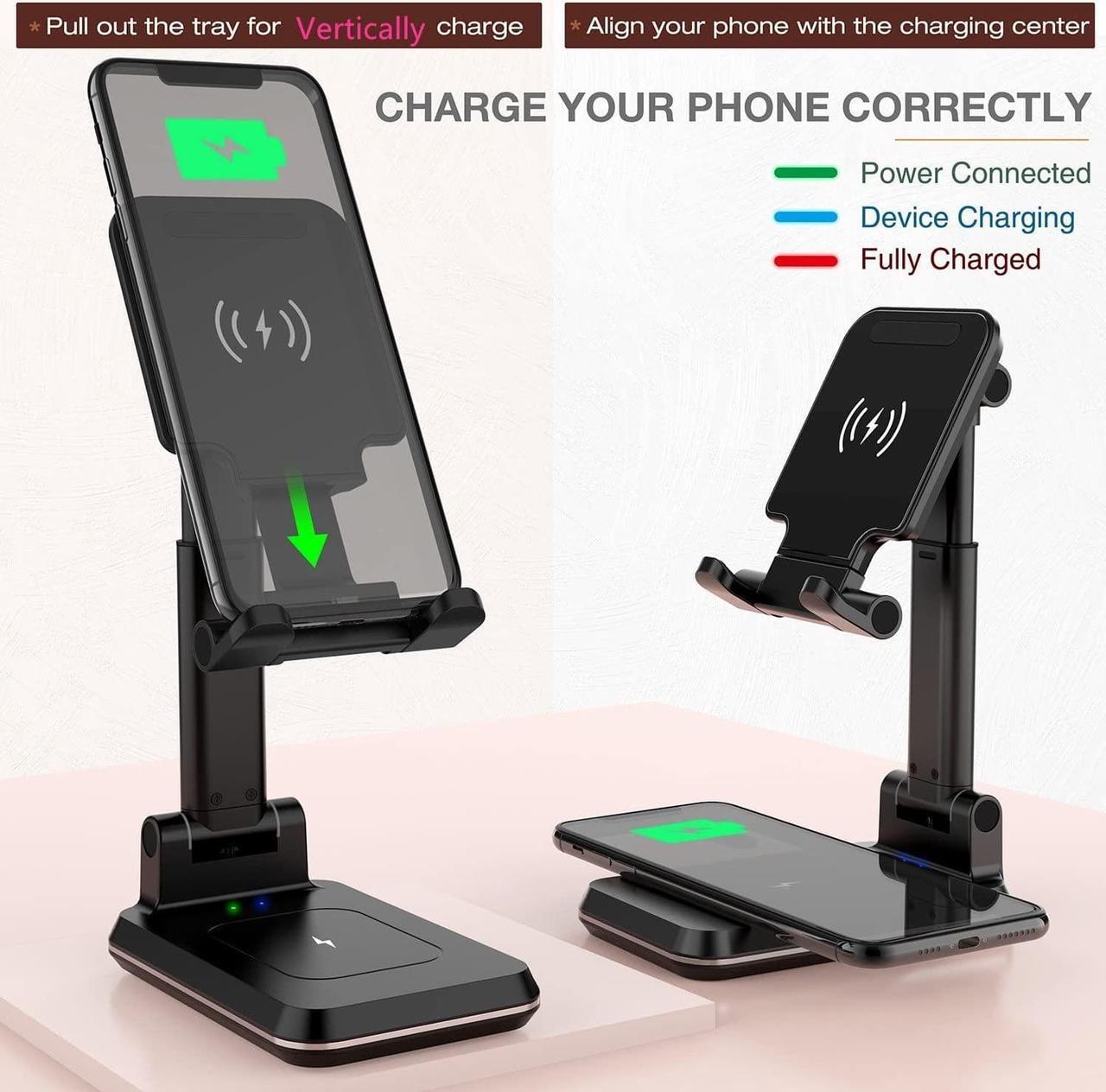 Alt view image 3 of 6 - 2-in-1 Charger Stand,Qi Certified 15W Height Adjustable Wireless Charger Desk Stand,Wireless Charging Station,for iPhone 16/15/14/13/12, AirPods Pro,Samsung S21/S20/S10 (No AC Adapter)