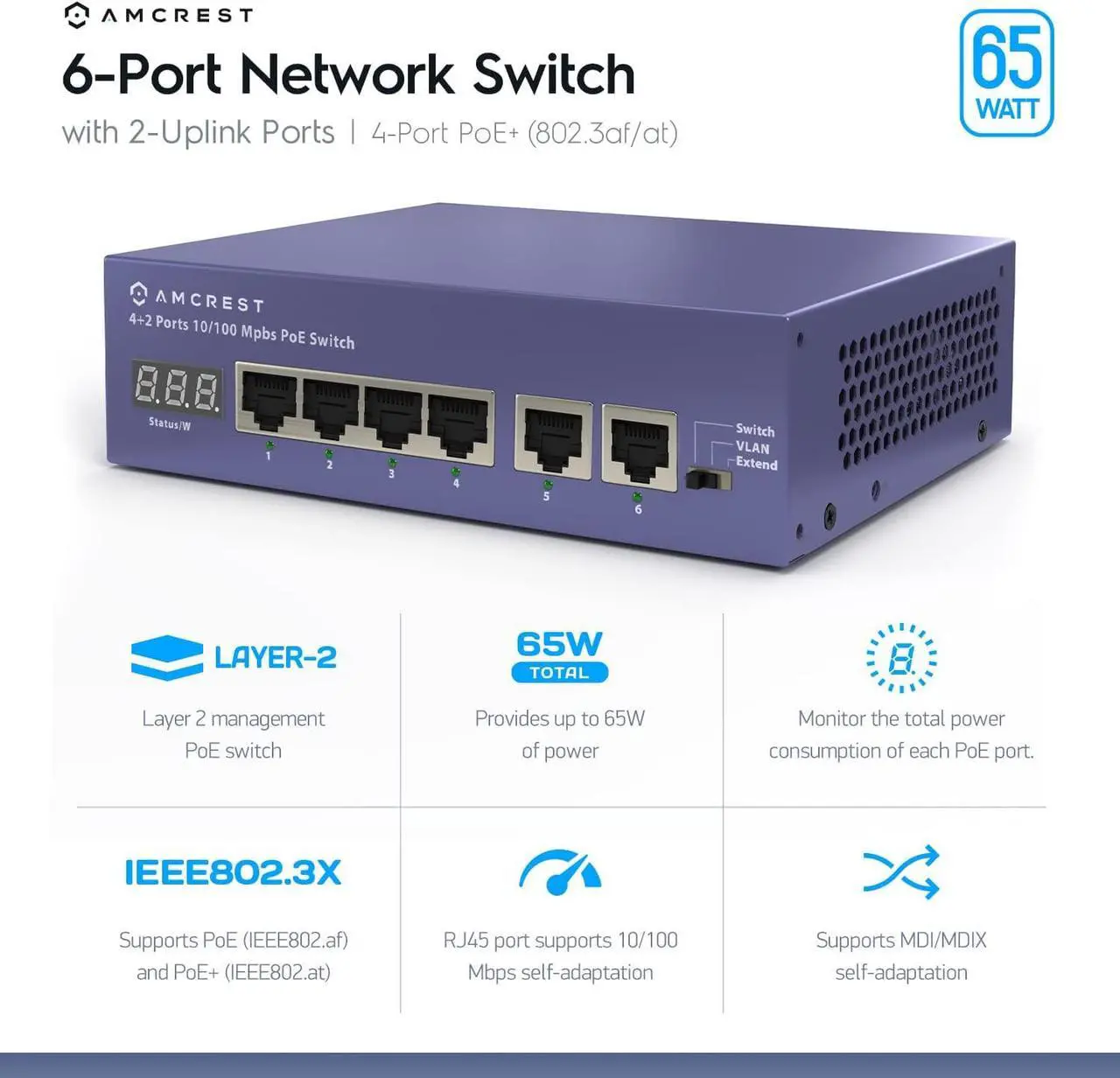 Alt view image 2 of 5 - Amcrest 6-Port, POE+ Power Over Ethernet POE Switch with Metal Housing, 4-Ports POE+ 802.3at 65w (AMPS6E4P-AT-65)