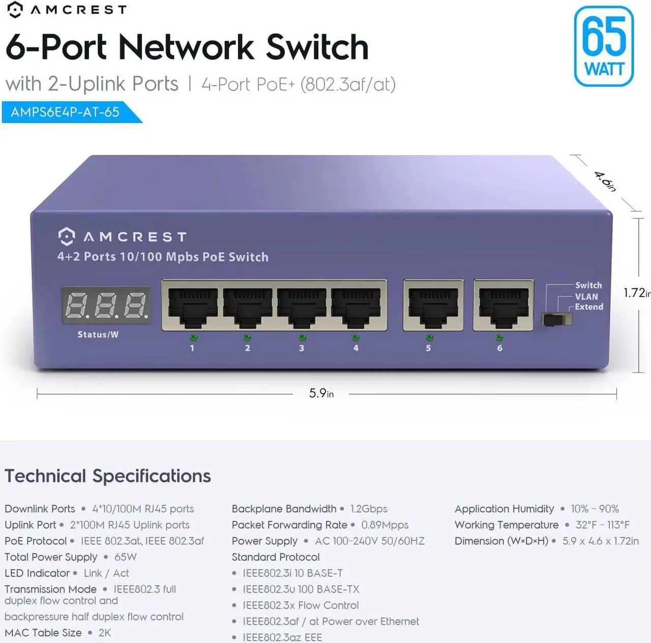 Alt view image 4 of 5 - Amcrest 6-Port, POE+ Power Over Ethernet POE Switch with Metal Housing, 4-Ports POE+ 802.3at 65w (AMPS6E4P-AT-65)