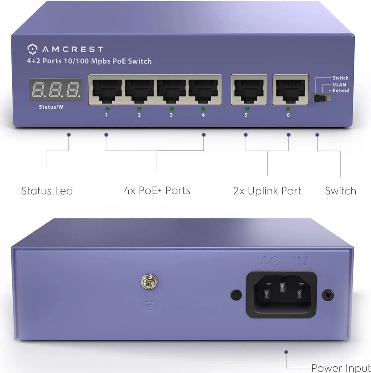 Alt view image 5 of 5 - Amcrest 6-Port, POE+ Power Over Ethernet POE Switch with Metal Housing, 4-Ports POE+ 802.3at 65w (AMPS6E4P-AT-65)