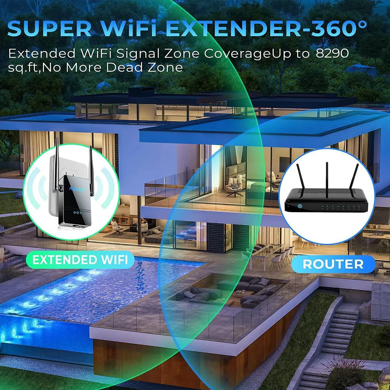 Alt view image 2 of 6 - 2023 WiFi Extender - Internet Signal Booster for Home, Coverage up to 9,800 sq.ft ,Wireless Repeater with Ethernet Port, 1-Tap Setup