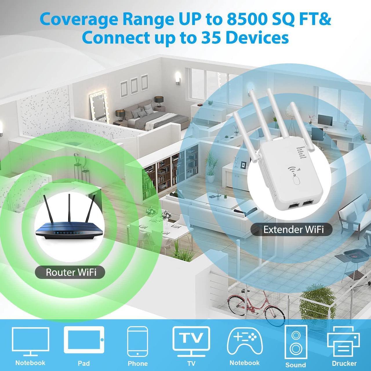 Alt view image 2 of 7 - WiFi Extender 1200Mbps,Dual Band 2.4G/5G WiFi Extenders Signal Booster for Home Covers Up to 8500 Sq.ft and 35 Devices,Wireless Internet Repeater and Signal Amplifier Easy Setup