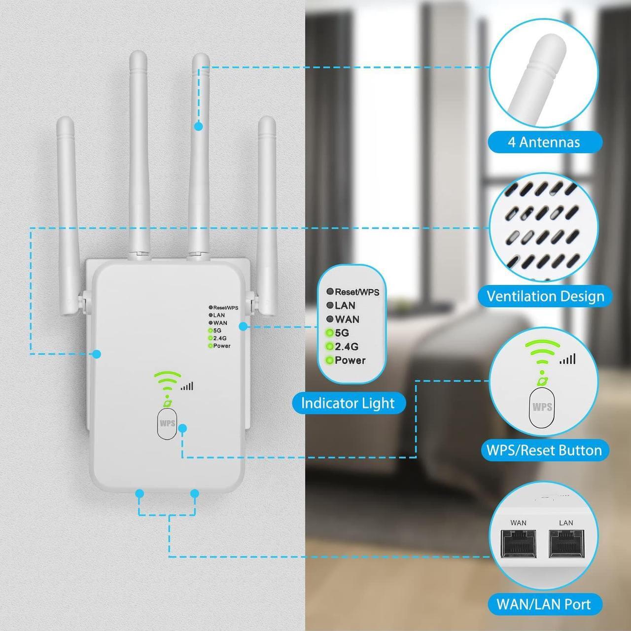 Alt view image 4 of 7 - WiFi Extender 1200Mbps,Dual Band 2.4G/5G WiFi Extenders Signal Booster for Home Covers Up to 8500 Sq.ft and 35 Devices,Wireless Internet Repeater and Signal Amplifier Easy Setup