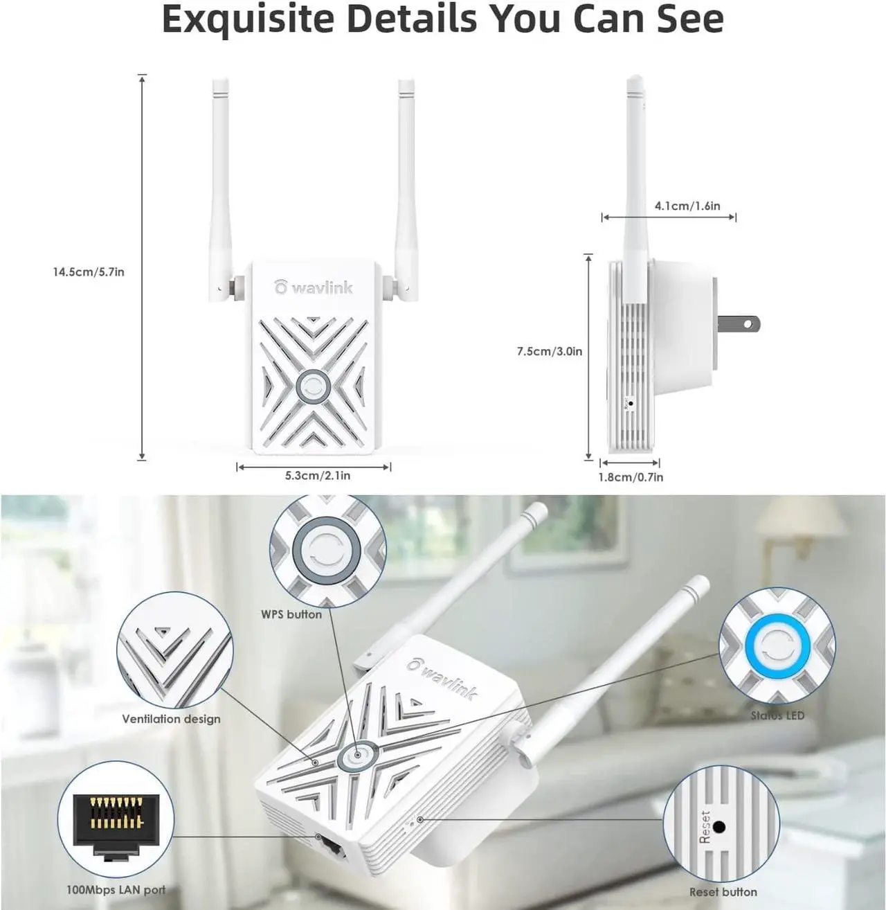 Alt view image 5 of 7 - Wireless WiFi Range Extender, N300 Wall Plug Access Point with Ethernet Port, Up to 1000 Sq.Ft Coverage, Adjustable Antennas and WPS Button