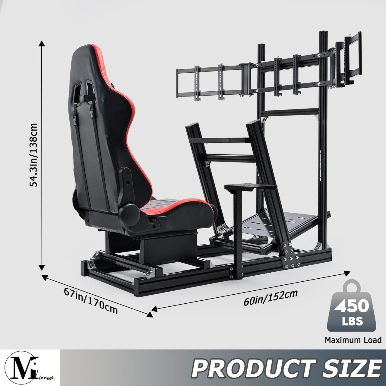 Alt view image 2 of 6 - Minneer 8040 Aluminum Racing Simulator Cockpit with 3 Monitor Stand and Ergonomic Seat, Compatible with Logitech/Thrustmaster/Fanatec/Moza Wheels and Direct Drive Motors