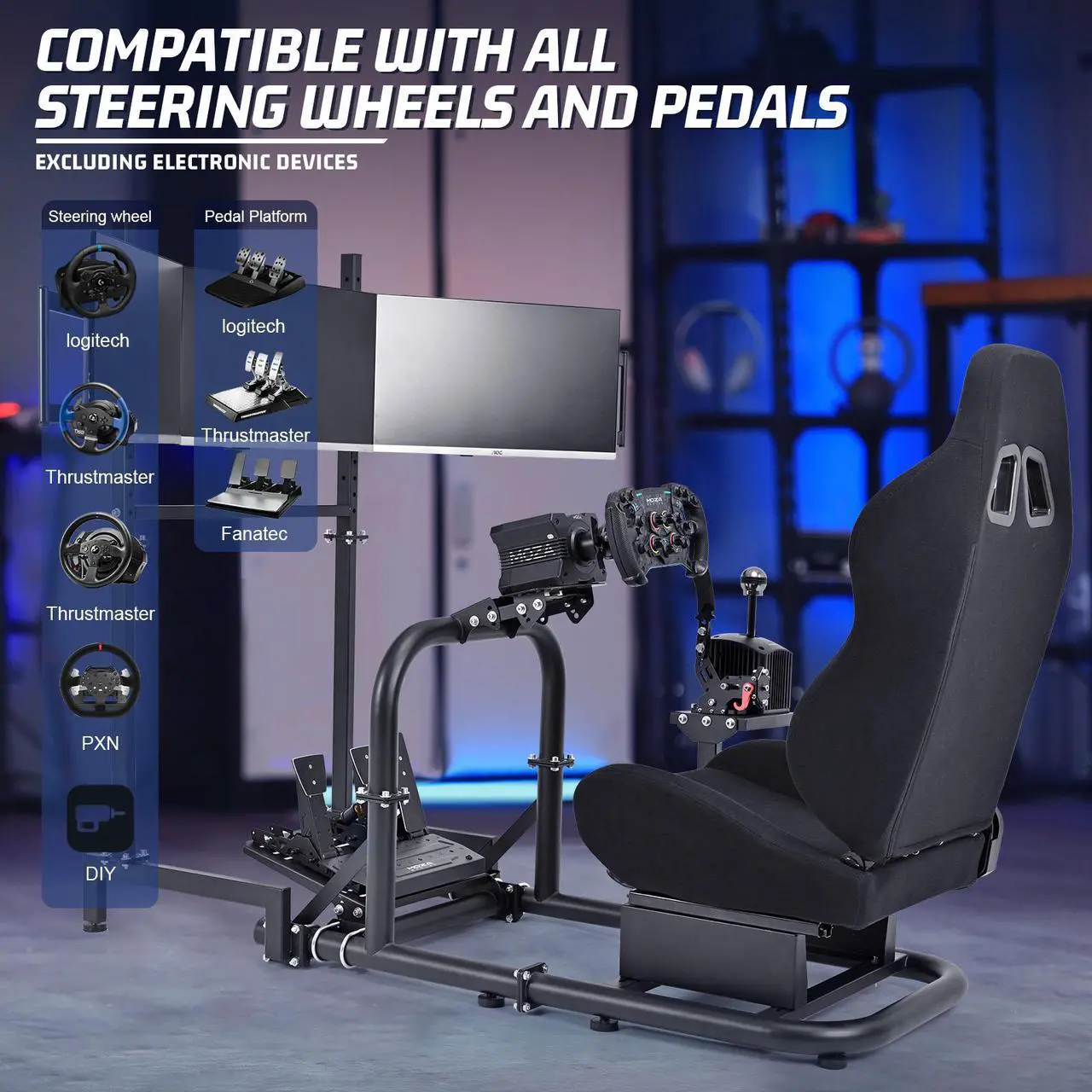 Alt view image 6 of 7 - Minneer Racing Sim Cockpit Vertical Bracket with Triple Monitor Stand and Black Seat Compatible with Logitech/Thrustmaster/Fanatec G29 G920 G923 T300RS CSL-DD, No Steering Wheel, Pedal or Shifter