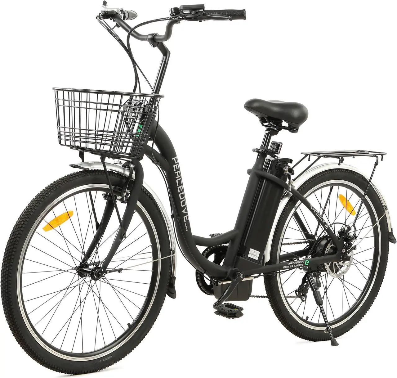 Alt view image 2 of 7 - Ecotric 36V 10AH 350W 26inch black Peacedove Commute Step-Through electric city bicycle with basket, Shimano 7-speed and rear rack
