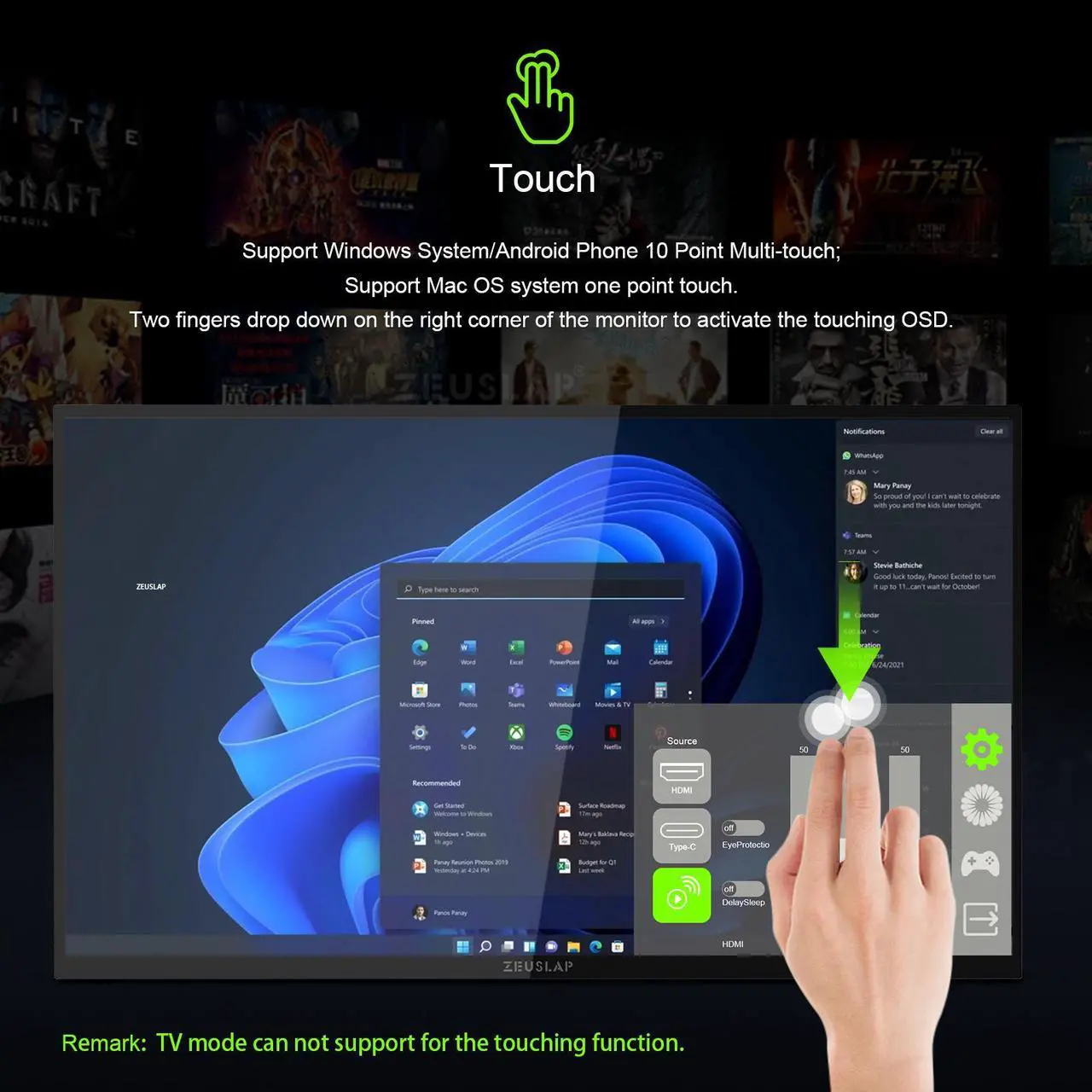 Alt view image 4 of 6 - ZEUSLAP Z18TV 18.5 Inch Portable Monitor Built-in IPTV, 1080P 100Hz Touchscreen Portable TV with WIFI Connection for Laptop, PS4/5, Switch,etc.