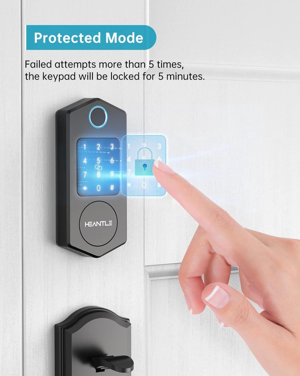 Alt view image 6 of 7 - Smart Deadbolt Lock, HEANTLE Fingerprint Smart Locks for Front Door with Bluetooth Electronic Keypads Keyless Entry Door Lock Deadbolt and IC Fob App Control Works with Alexa, Google Assistant Black
