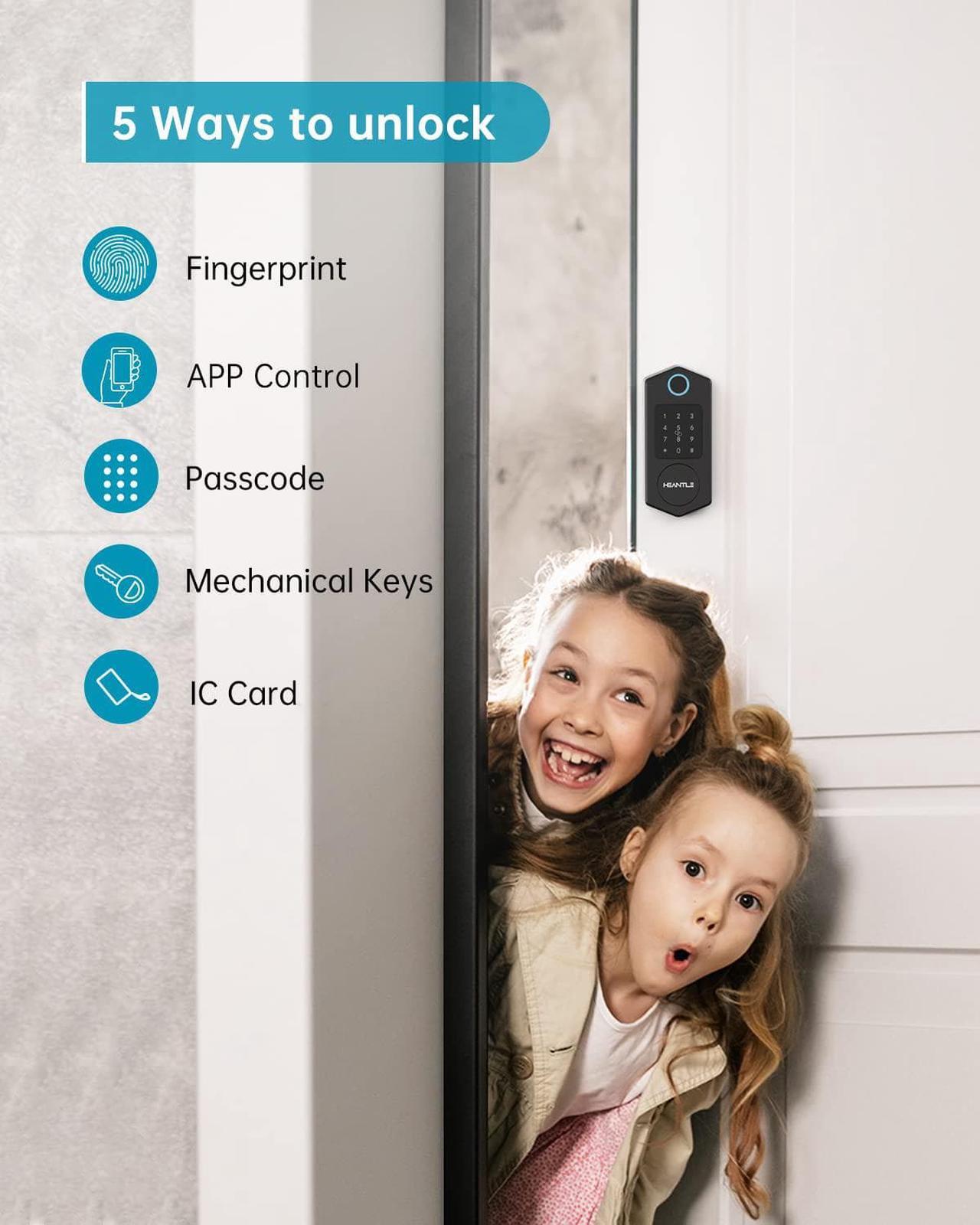 Alt view image 4 of 7 - Smart Deadbolt Lock, HEANTLE Fingerprint Smart Locks for Front Door with Bluetooth Electronic Keypads Keyless Entry Door Lock Deadbolt and IC Fob App Control Works with Alexa, Google Assistant Black