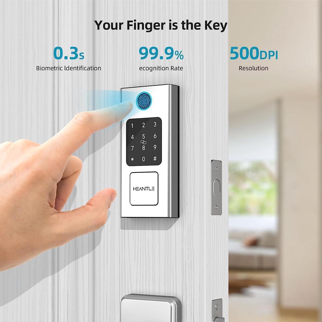 Alt view image 3 of 7 - Keyless Entry Door Lock with Handle, HEANTLE Smart Front Door Lock Set, Electronic Keypad Smart Fingerprint Deadbolt Lock, Alexa Smart Door Lock, Digital Lock Bluetooth APP/Fobs Auto Lock Silver