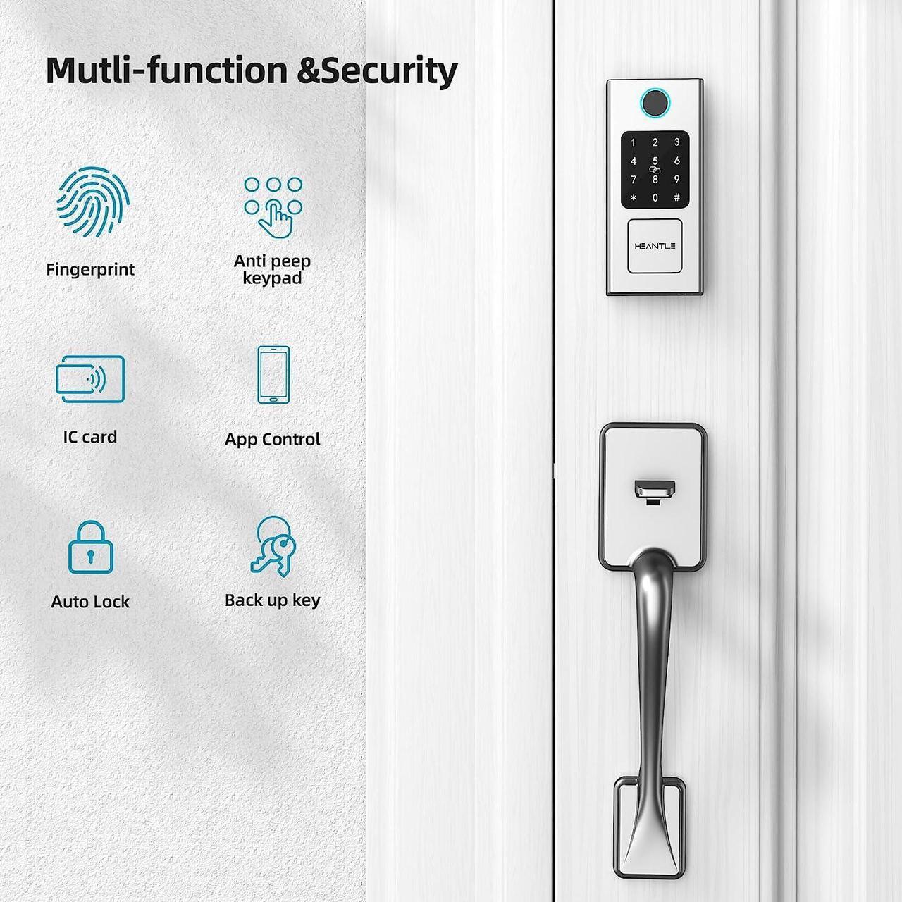 Alt view image 2 of 7 - Keyless Entry Door Lock with Handle, HEANTLE Smart Front Door Lock Set, Electronic Keypad Smart Fingerprint Deadbolt Lock, Alexa Smart Door Lock, Digital Lock Bluetooth APP/Fobs Auto Lock Silver
