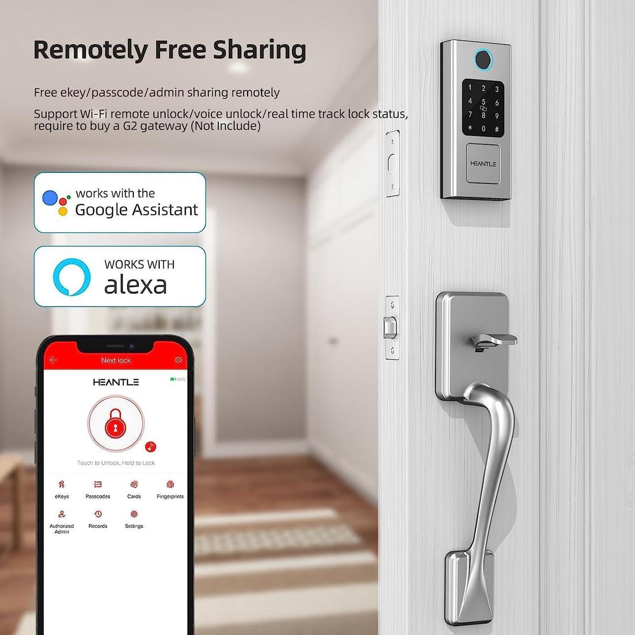 Alt view image 5 of 7 - Keyless Entry Door Lock with Handle, HEANTLE Smart Front Door Lock Set, Electronic Keypad Smart Fingerprint Deadbolt Lock, Alexa Smart Door Lock, Digital Lock Bluetooth APP/Fobs Auto Lock Silver