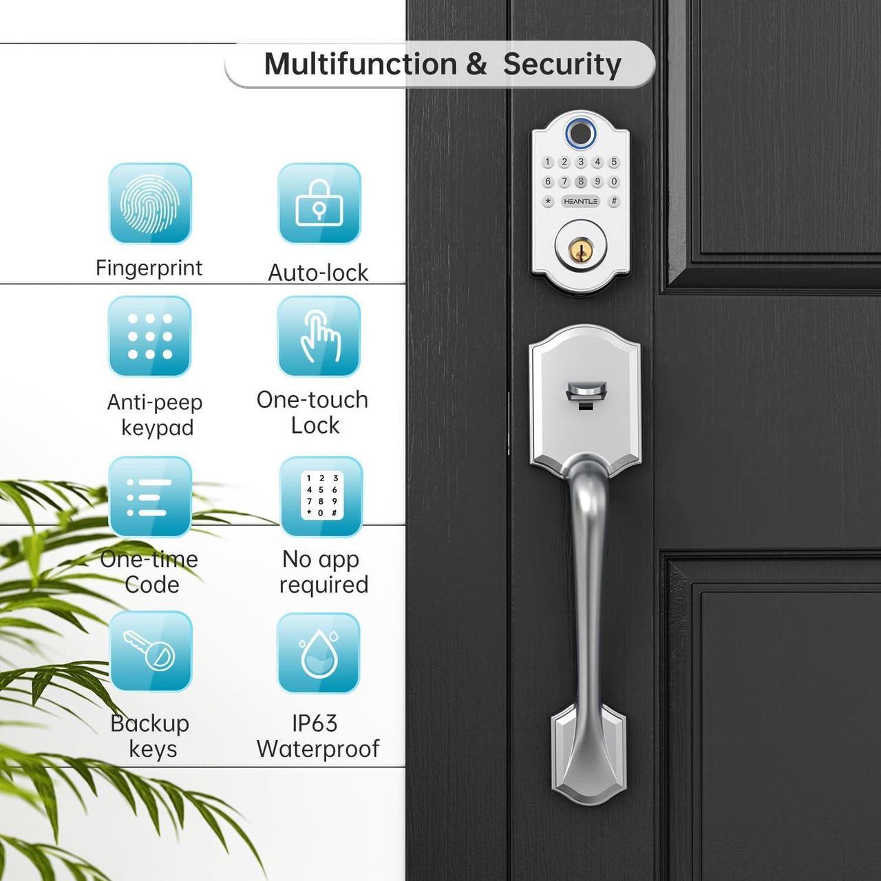 Alt view image 3 of 7 - Front Door Handle with Keypad Lock-HEANTLE Keyless Entry Door Locks Deadbolt with Handle Set, Digital Fingerprint Locksets for Home Apartment, Auto Lock&One-Touch Locking, Sliver