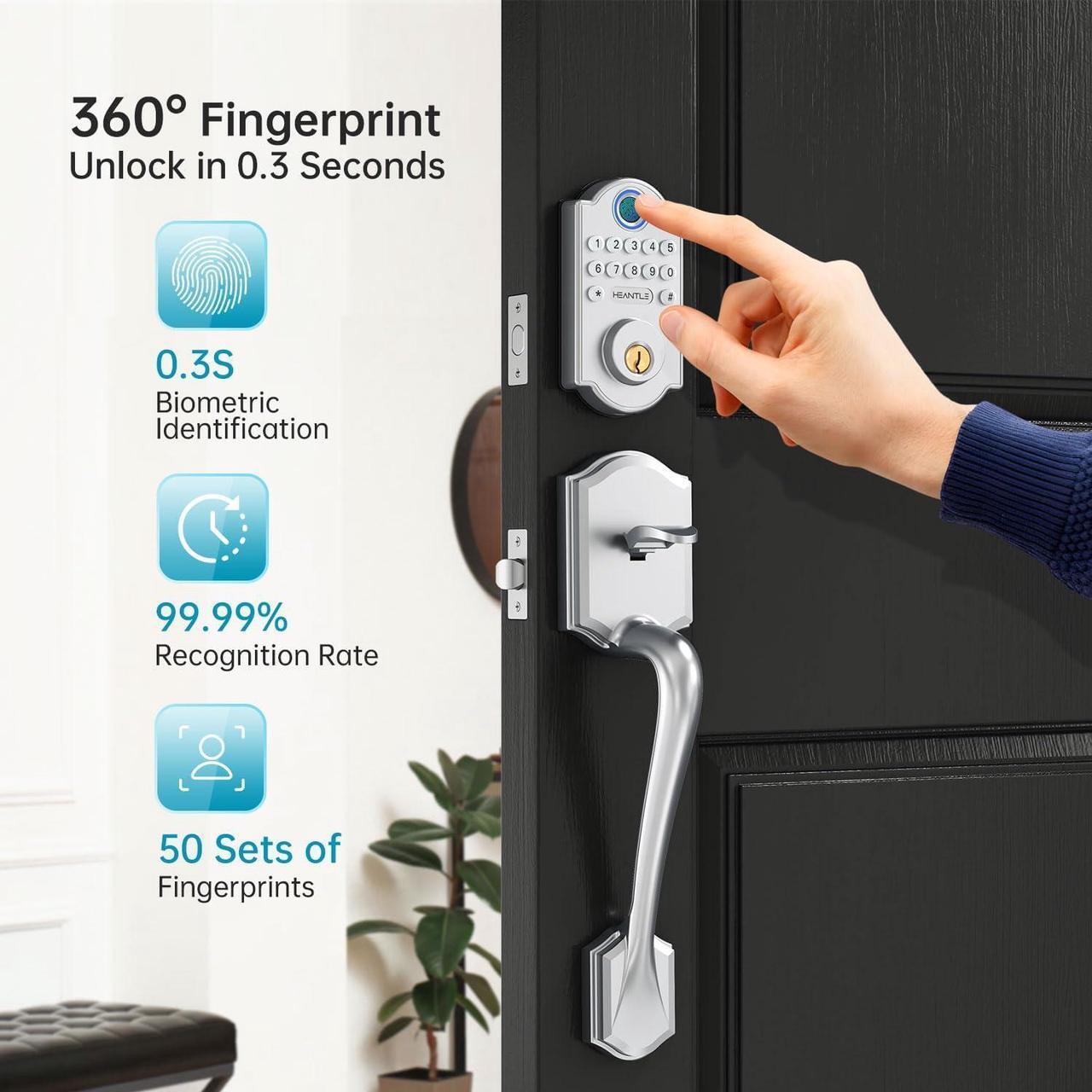Alt view image 2 of 7 - Front Door Handle with Keypad Lock-HEANTLE Keyless Entry Door Locks Deadbolt with Handle Set, Digital Fingerprint Locksets for Home Apartment, Auto Lock&One-Touch Locking, Sliver