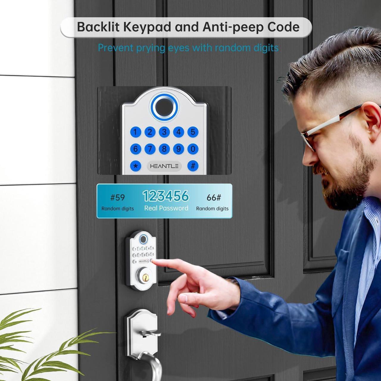 Alt view image 6 of 7 - Front Door Handle with Keypad Lock-HEANTLE Keyless Entry Door Locks Deadbolt with Handle Set, Digital Fingerprint Locksets for Home Apartment, Auto Lock&One-Touch Locking, Sliver