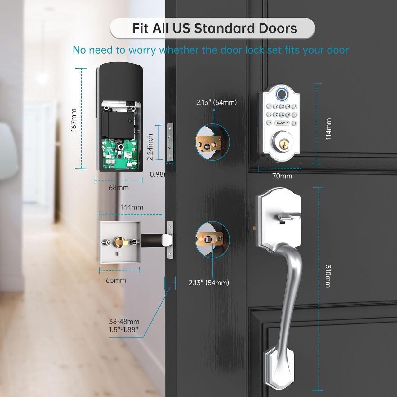 Alt view image 7 of 7 - Front Door Handle with Keypad Lock-HEANTLE Keyless Entry Door Locks Deadbolt with Handle Set, Digital Fingerprint Locksets for Home Apartment, Auto Lock&One-Touch Locking, Sliver