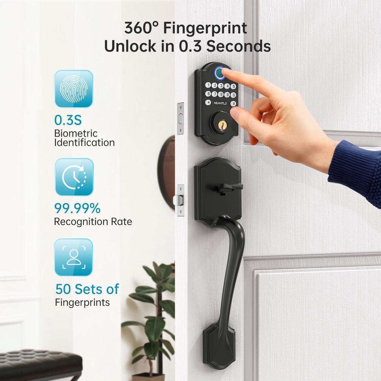 Alt view image 2 of 7 - Front Door Lock Set, HEANTLE Keyless Entry Door Locks with Keypads, Smart Locks for Front Door with Handle, Electronic Fingerprint Digital Deadbolt, Auto Lock, Customized Passcode for Home, Apartment