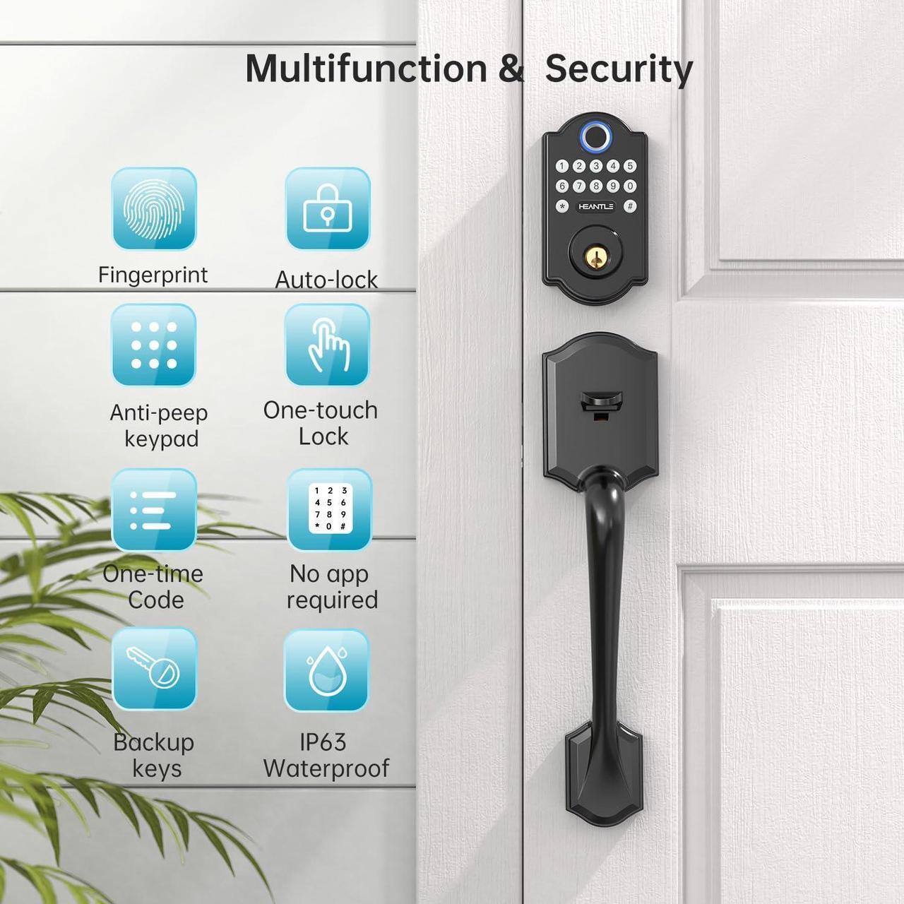 Alt view image 3 of 7 - Front Door Lock Set, HEANTLE Keyless Entry Door Locks with Keypads, Smart Locks for Front Door with Handle, Electronic Fingerprint Digital Deadbolt, Auto Lock, Customized Passcode for Home, Apartment