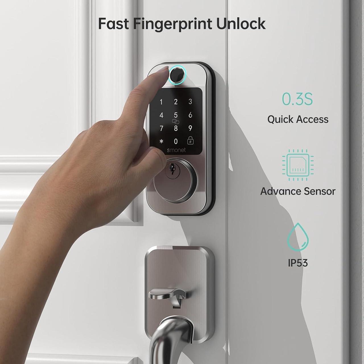 Alt view image 2 of 7 - WiFi Front Door Lock Set - SMONET Fingerprint Keyless Entry Smart Locks Handle Set, Digital Remote Control Keypad Bluetooth Alexa Deadbolt Lockset with Auto Lock, Code, Fob, App for Rental,Black