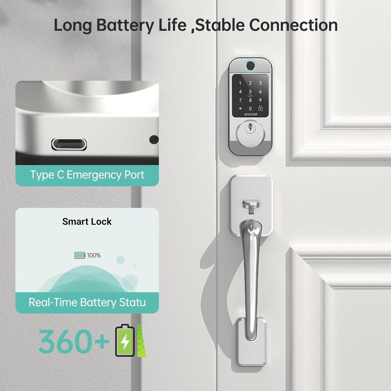 Alt view image 6 of 7 - WiFi Front Door Lock Set - SMONET Fingerprint Keyless Entry Smart Locks Handle Set, Digital Remote Control Keypad Bluetooth Alexa Deadbolt Lockset with Auto Lock, Code, Fob, App for Rental,Black