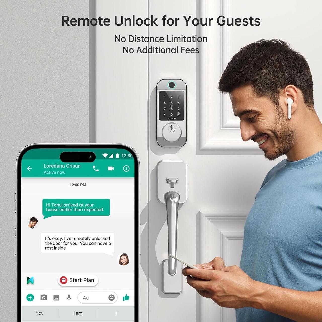 Alt view image 3 of 7 - WiFi Front Door Lock Set - SMONET Fingerprint Keyless Entry Smart Locks Handle Set, Digital Remote Control Keypad Bluetooth Alexa Deadbolt Lockset with Auto Lock, Code, Fob, App for Rental,Black