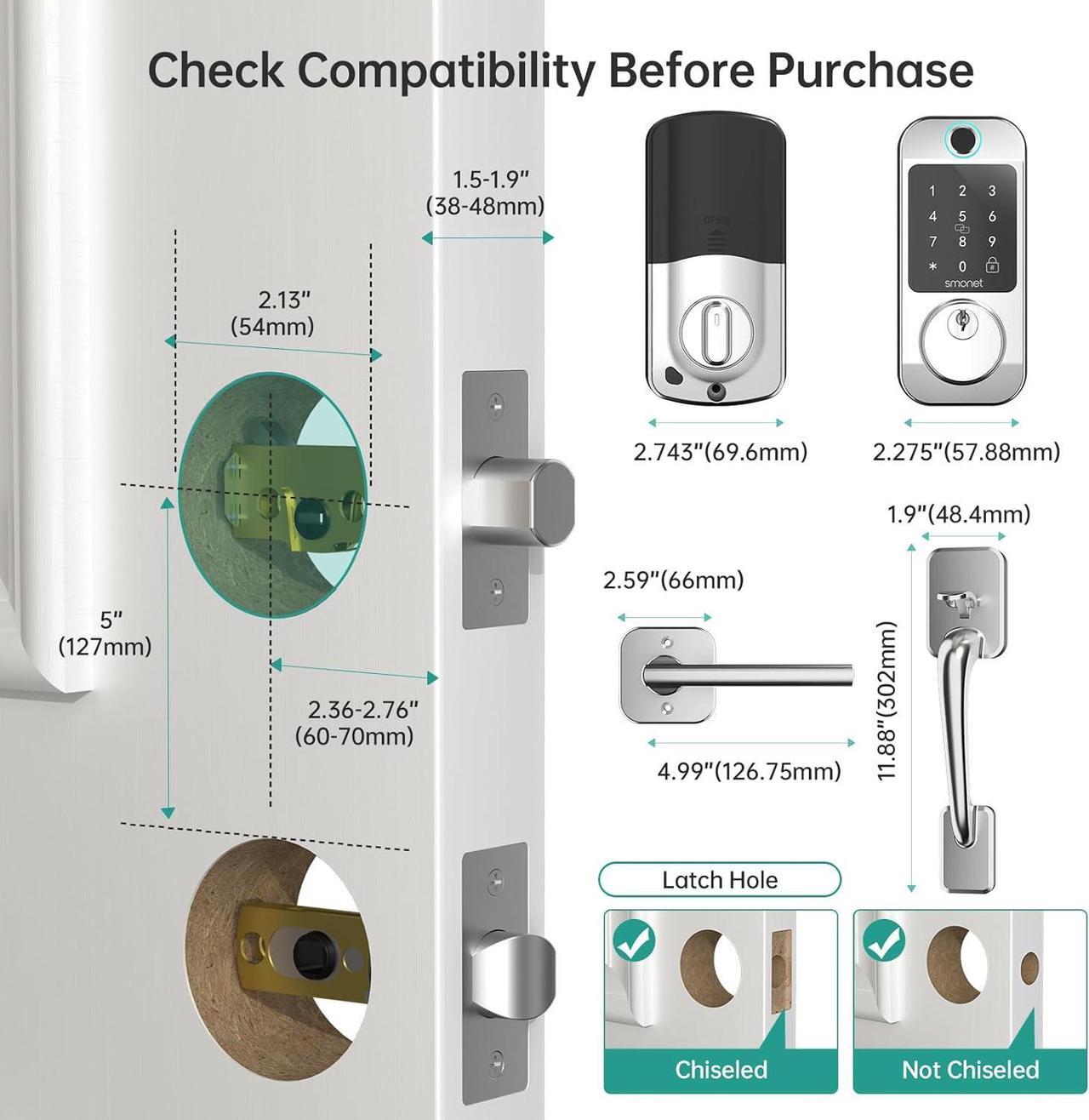 Alt view image 7 of 7 - WiFi Front Door Lock Set - SMONET Fingerprint Keyless Entry Smart Locks Handle Set, Digital Remote Control Keypad Bluetooth Alexa Deadbolt Lockset with Auto Lock, Code, Fob, App for Rental,Black