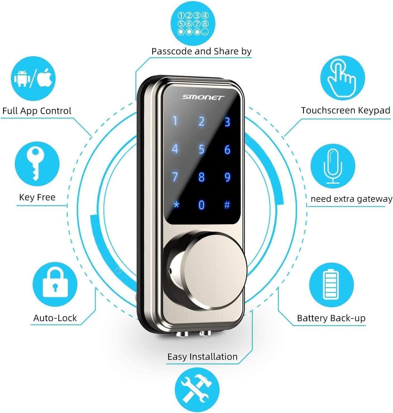 Alt view image 3 of 7 - Smart Front Door Lock Set, Smonet Keyless Entry Door Lock with Handle, Smart Deadbolt Keypad Lock, Alexa Front Door Handle Set, Bluetooth Digital Lock with APP/IC Cards/Auto Lock/One-Touch Lock/Keys