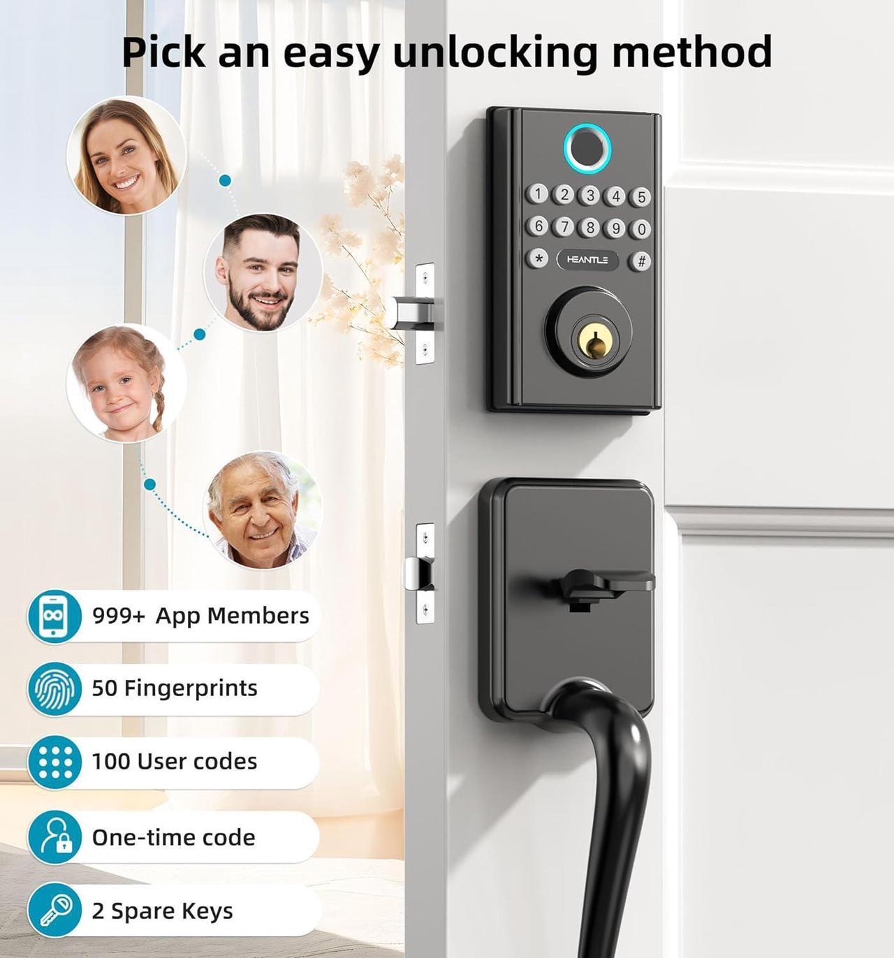 Alt view image 4 of 7 - WiFi Smart Lock Front Door - HEANTLE Keyless Entry Door Lock Fingerprint Keypad Bluetooth Deadbolt, Auto Lock App Remote Control Alexa Voice Control Electronic Digital for Home Offiice Airbnb BLACK