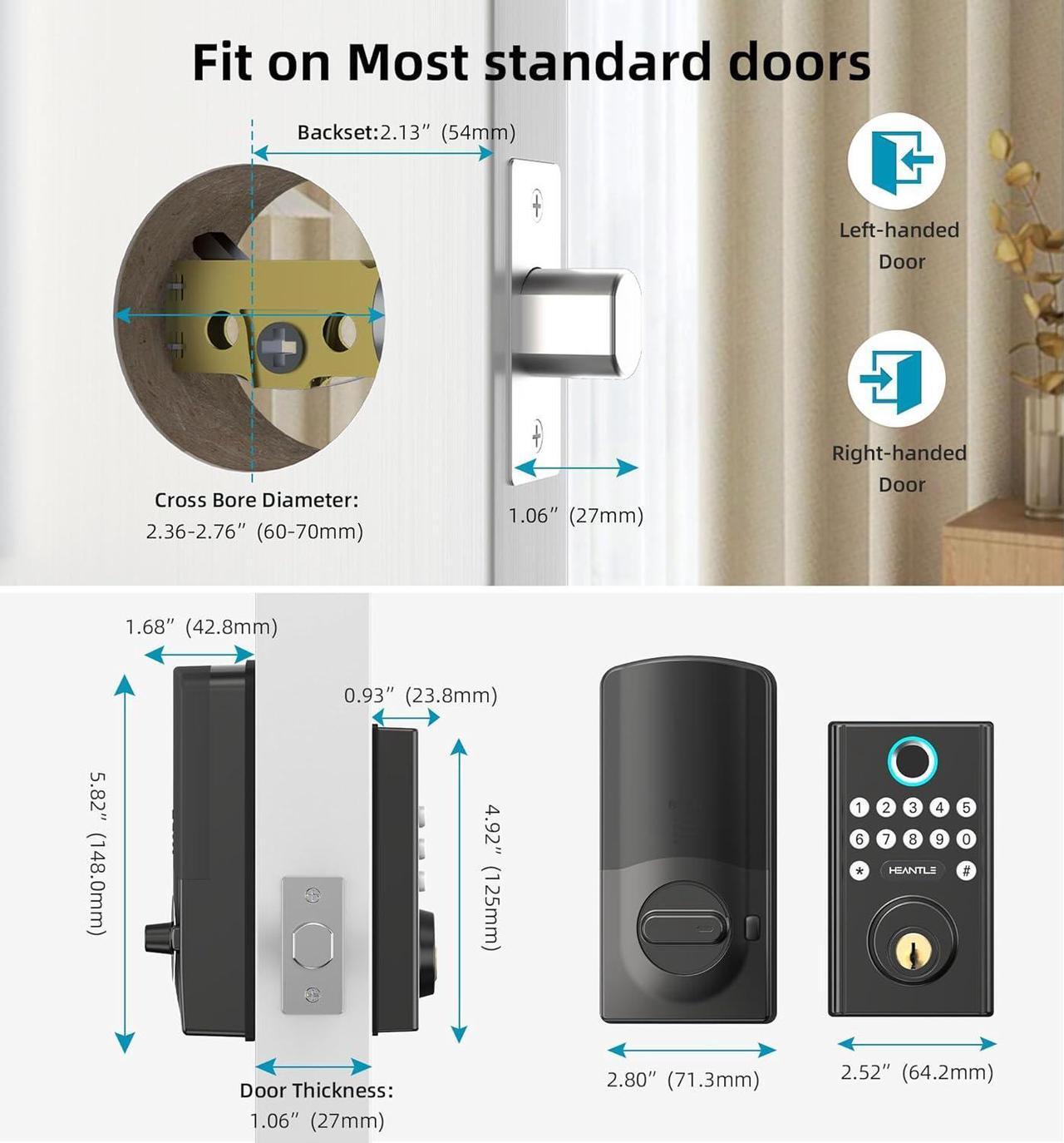 Alt view image 7 of 7 - WiFi Smart Lock Front Door - HEANTLE Keyless Entry Door Lock Fingerprint Keypad Bluetooth Deadbolt, Auto Lock App Remote Control Alexa Voice Control Electronic Digital for Home Offiice Airbnb BLACK