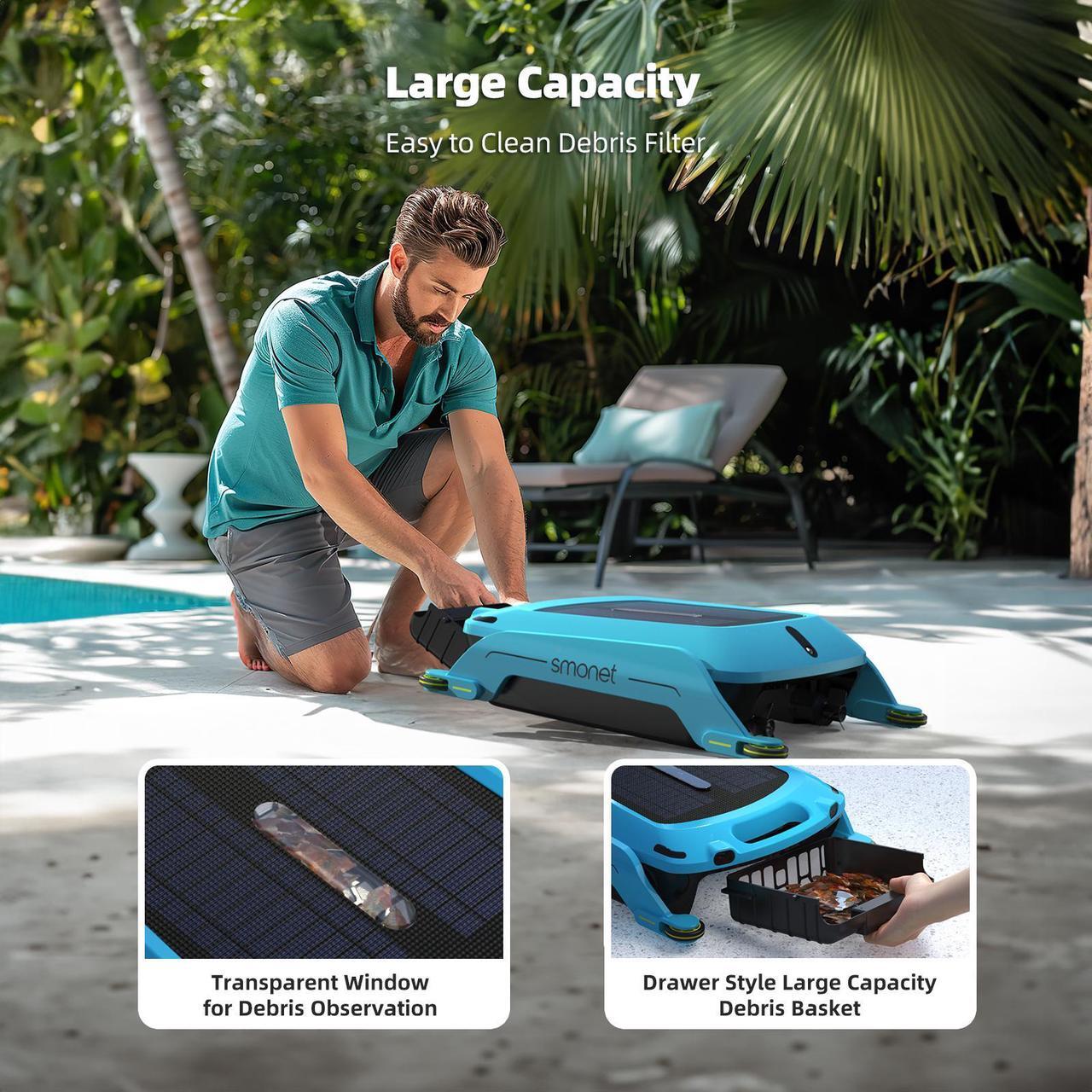 Alt view image 6 of 7 - Robotic Solar Pool Skimmer Cleaner Cordless Pool Skimmer Automatic Pool Cleaner Robot for Pool Surface with Dual Charging Options Path Optimization Obstacle Avoidance Saltwater Compatibility