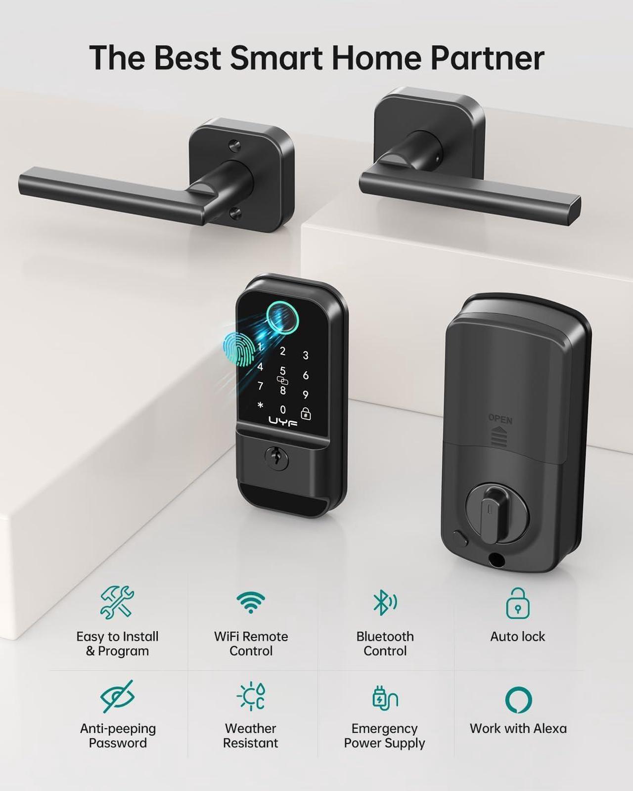 Alt view image 3 of 7 - WiFi Smart Lock for Front Door: Keyless Entry Door Lock Deadbolt with Handle Set Fingerprint Electronic Keypad Door Lock Alexa Bluetooth Code Auto Lock for Home Apartment Black