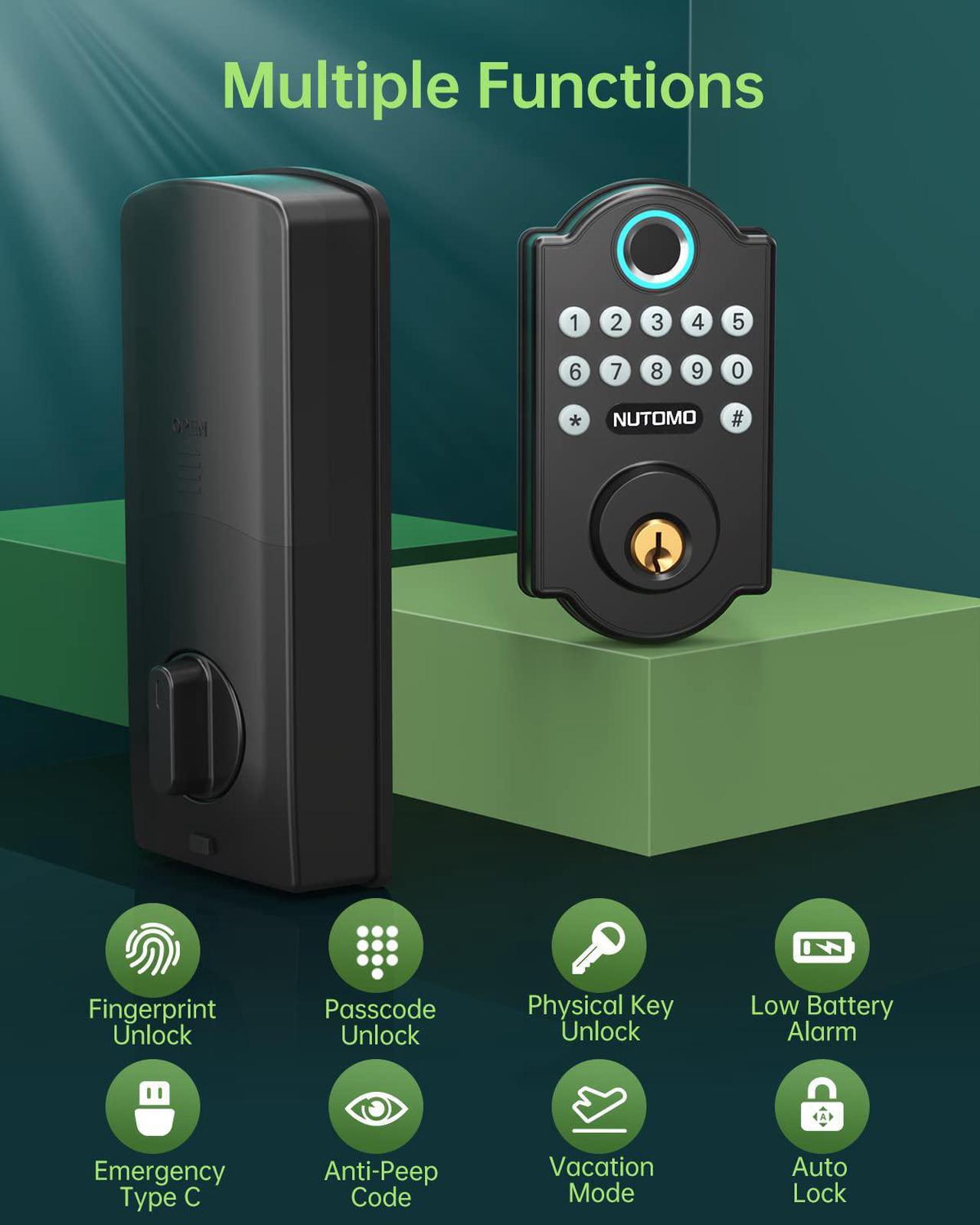 Alt view image 3 of 7 - Fingerprint Door Lock - Keyless Entry Door Lock with Keypads - Smart Deadbolt Biometric Digital Electronic Door Lock - Smart Door Lock Front Door - Anti-Peeping Code - Easy Installation - Matte Black